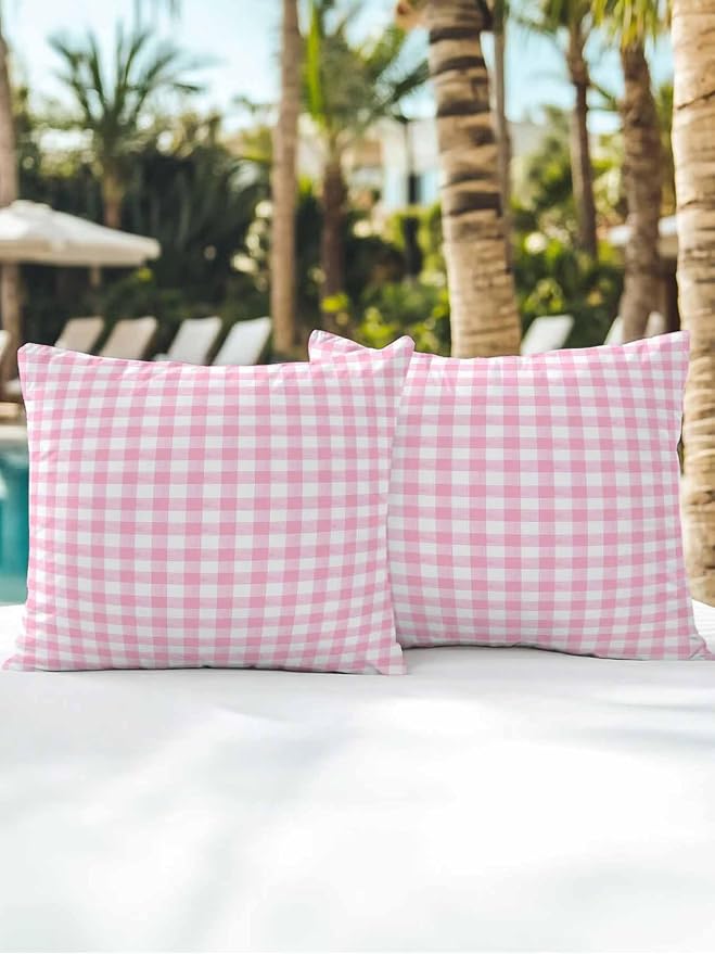 Outdoor Waterproof Throw Pillows Pink Geometric Plaid Patio Pillows Pack of 2,Decorative Pillow Covers with Insert,Pillow Cushion Case for Garden Couch Sofa Rustic Minimalist Checkered