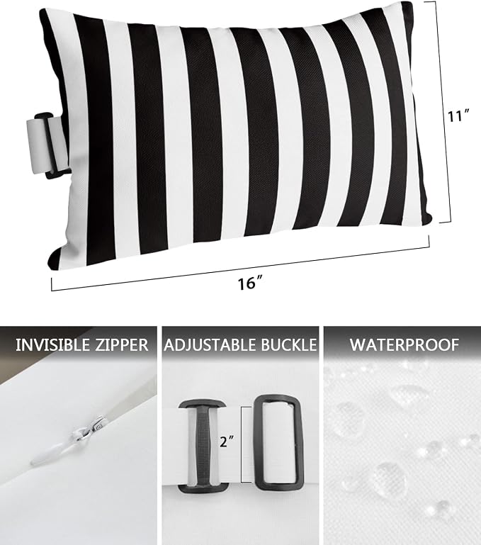 DecorLovee Black Striped Outdoor Recliner Pillows for Head, Farmhouse Waterproof Chair Pillow with Elastic Stripe, Black White Stripes Chaise Lounge Headrest Pillow for Patio/Beach/Pool 2Pack, 11"x16"