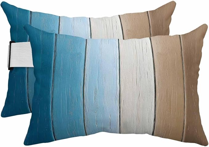 Blue Brown Ombre Outdoor Pillows for Chaise Lounge Chair Beach Headrest Pillow Set of 2 Waterproof Lumbar Pillows with Insert&Strap Vintage Country Wooden Recliner Neck Pillow for Patio Pool 12"x20"