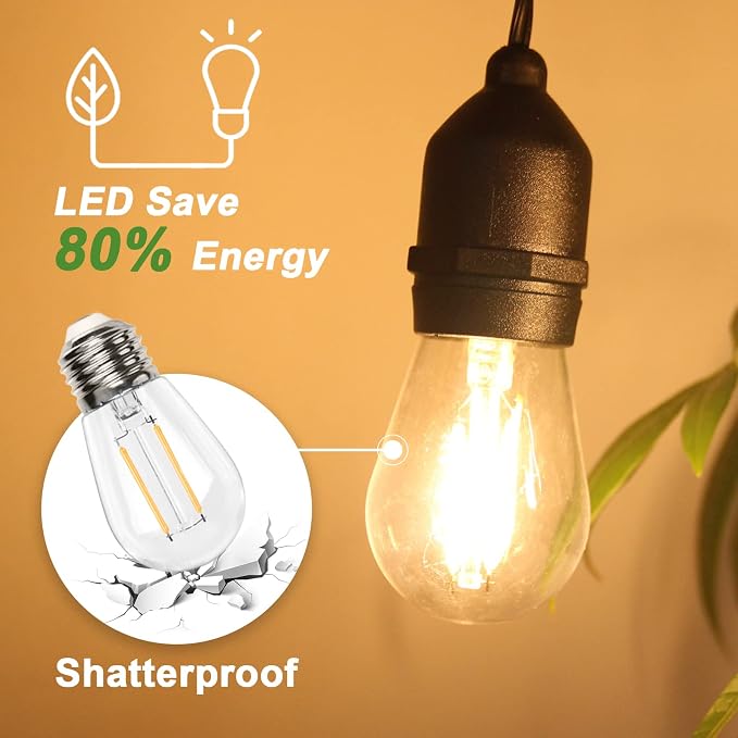 12FT Outdoor String Lights with 5 LED Edison Bulbs 2W Shatterproof | Commercial Grade Waterproof Outside Light 2700K Warm White for Bistro Gazebos Porch Patio Garden