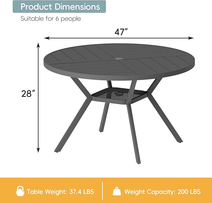 47" Outdoor Patio Table Dining Table All Weather Metal Round Patio Dining Table with Adjustable Umbrella Hole Patio Furniture for Lawn Garden Backyard, Grey