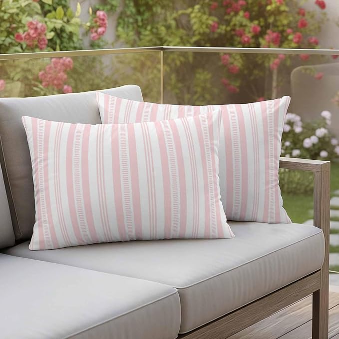 Pink Striped Outdoor Waterproof Pillow Covers, Farmhouse Stripes Modern Geometric Decorative Rectangle Throw Pillowcase Sofa Cushion Sham for Patio/Couch/Chair, 20"x12" 2 Pack
