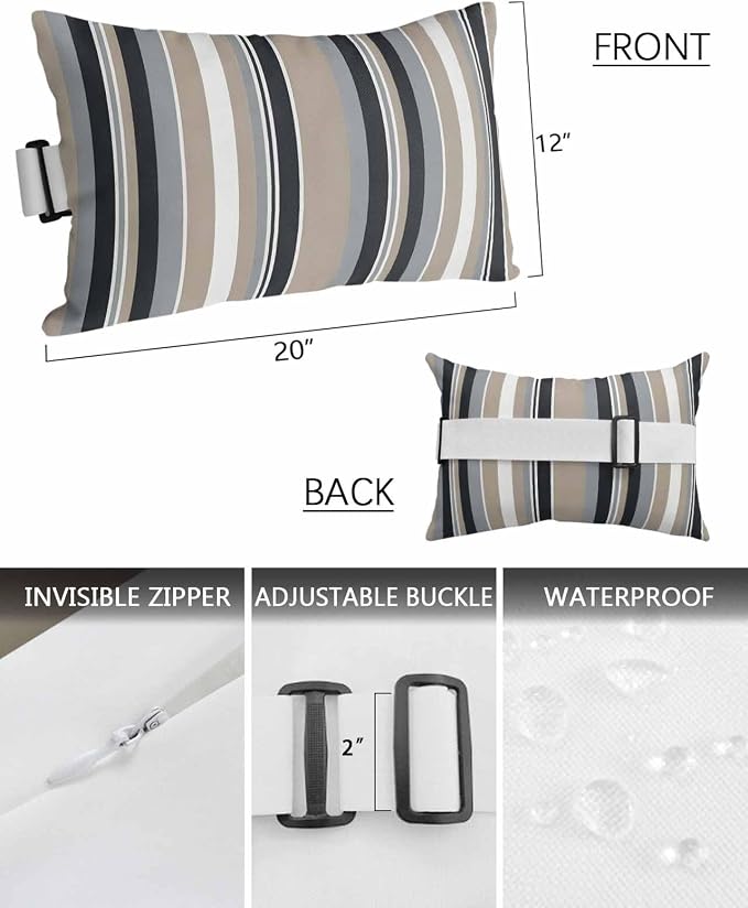 Grey Stripes Lines Outdoor Pillows Waterproof Covers, Khaki Classic Vertical Striped Adjustable Elastic Chaise Lounge Head Resting Pillows, Decorative Lumbar Pillow for Pool Patio Furniture
