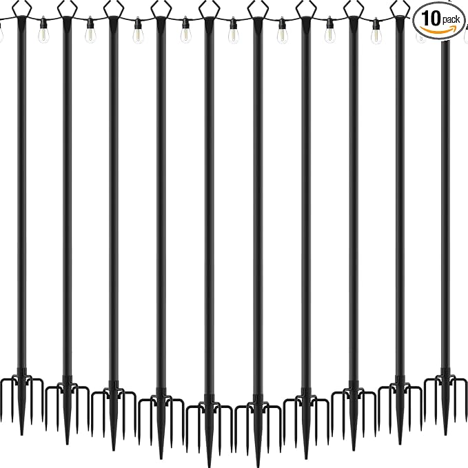 10Ft Exterior Light Poles 10 Pack, Durable Metal String Light Posts for Outdoor Use, Equipped with Fixed Brackets for Yard, Terrace, Backyard and Garden Lighting Decor