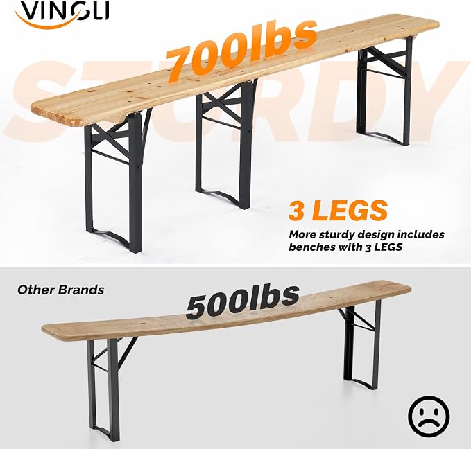 VINGLI 70 Inch Folding Picnic Tables with Benches Set, Weather-Resistant Wooden Beer Garden Table Bench, 3-Piece Portable Fold Up Camping BBQ Table w/Carrying Handles,Natural Wood Color