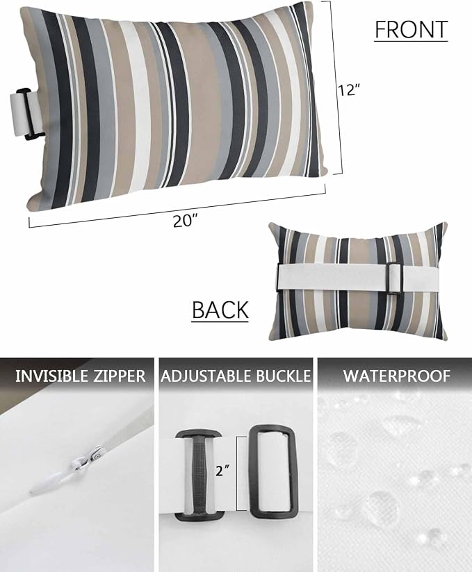 Grey Stripes Lines Outdoor Pillows Waterproof Covers, Khaki Classic Vertical Striped Adjustable Elastic Chaise Lounge Head Resting Pillows, Decorative Lumbar Pillow for Pool Patio Furniture