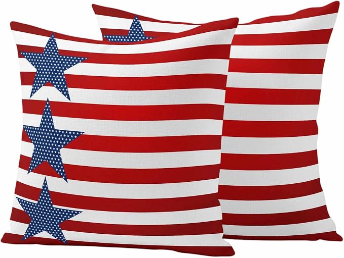 4th of July Outdoor Throw Pillows Covers 20x20 inch Set of 2 Waterproof Patriotic American Flag Zippered Cushion Covers for Patio Furniture, Red White and Blue Stars Stripes Lumbar Pillowcases