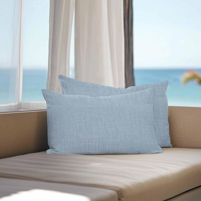 Vandarllin Outdoor Throw Pillows Covers 20x12 inch Set of 2 Waterproof Sky Blue Linen Decorative Zippered Cushion Covers for Patio Furniture, Farmhouse Pure Color Lumbar Pillowcases