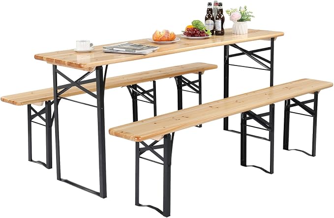 VINGLI 70 Inch Folding Picnic Tables with Benches Set, Weather-Resistant Wooden Beer Garden Table Bench, 3-Piece Portable Fold Up Camping BBQ Table w/Carrying Handles,Natural Wood Color