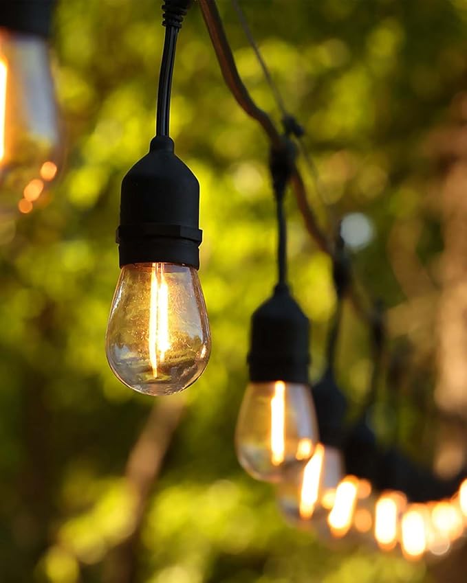 2W 100FT Outdoor String Light Commercial Grade with 32 S14 LED Bulbs | Shatterproof Dimmable Patio String Lights Heavy Duty Waterproof for Bistro Cafe Market 2700K