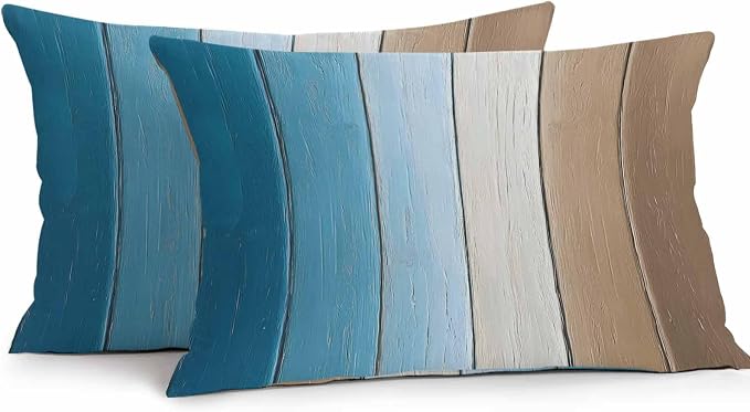 Lumbar Pillow Covers 20x12 Inch Set of 2, Blue Brown Ombre Waterproof Outdoor Cushion Covers, Vintage Country Wooden Decorative Pillowcases for Couch, Sofa, Bed, Garden, Patio