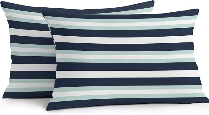 Aqua Navy Blue Striped Outdoor Pillow Covers Waterproof, All Weather Cushion Case Set of 2, Modern Abstract Lines Geometric Lumbar Pillowcase for Sofa Couch Bed Decor Patio Furniture 20"x12"