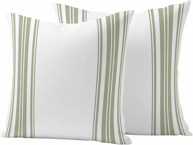 Outdoor Waterproof Throw Pillow Covers Set of 2 Sage Green Stripes Pillowcases 26x26 Inches White Vertical Striped Decorative Pillows Cushion Case Patio Pillows for Couch Bed Chair Garden
