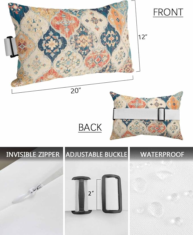 Pack of 2 Outdoor Lumbar Cushions with Inserts, Boho Vintage Abstract Art Rustic Morocco Texture Waterproof Fluffy Fade Body Pillows, Patio Furniture Pillow for Home Balcony Garden Decor 12x20IN