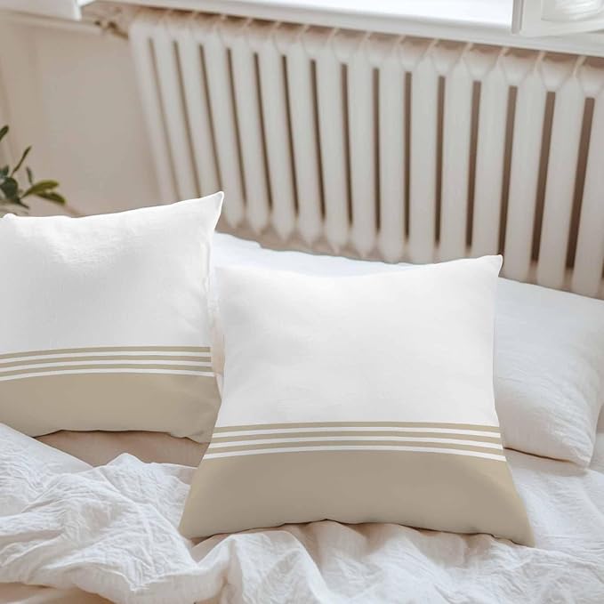 Throw Pillow Covers 18x18 Inch Set of 2, Beige White Striped Waterproof Outdoor Cushion Covers, Modern Abstract Art Aesthetics Decorative Pillowcases for Couch, Sofa, Bed, Garden, Patio