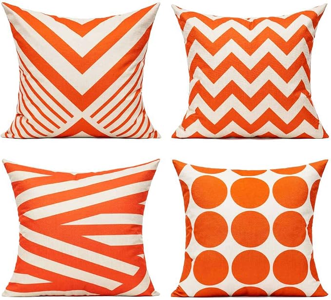 All Smiles Outdoor Waterproof Throw Pillow Covers 18X18 Set of 4,Orange Decorative Cushion Covers Boho Decorations Outside for Patio Furniture Porch Seat Chair Couch Sofa Living Room Geometric