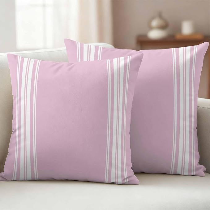 Outdoor Pillow Covers 16x16 Set of 2 Pink Stripes Outdoor Pillows Waterproof Throw Pillow Covers French Stripe Farmhouse Style Pillowcases Decorative Case for Patio Cushion