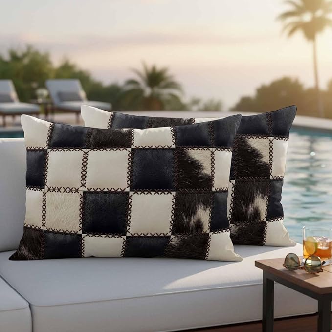 Beige Black Animal Printed Outdoor Pillow Covers 20x12 Inch Lumbar Pillow Covers Set of 2 Waterproof Decorative Throw Pillow Cases Modern Fur Checkered Cushion Covers for Patio Furniture Garden Couch