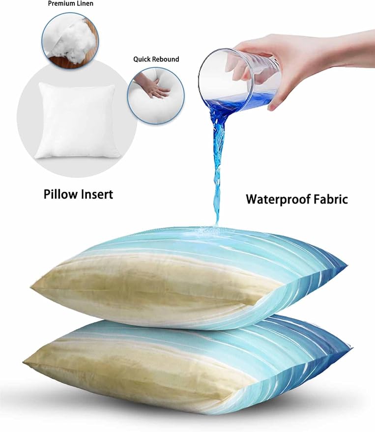 Set of 2 Outdoor Pillows Waterproof, Blue Beige Ombre Indoor/Outdoor Throw Pillows with Inserts, Coastal Nautical Summer Beach Wave Decorative Pillow for Patio Furniture Chairs Couch 16"x16"