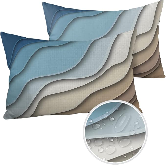Modern Geometric Outdoor Waterproof Pillow Covers for Patio Furniture Decorative Throw Pillow Cover Blue Brown Abstract Ocean Wave Pillowcases Set of 2 Cushion Case for Sofa Couch 20 x 12 Inches
