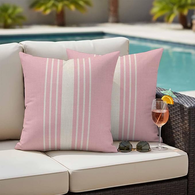 Pink Beige Striped Outdoor Pillow Covers 26x26 Inch Throw Pillow Covers Set of 2 Waterproof Decorative Pillow Cases Modern Farmhouse Retro Lines Cushion Covers for Patio Furniture Garden Couch Sofa