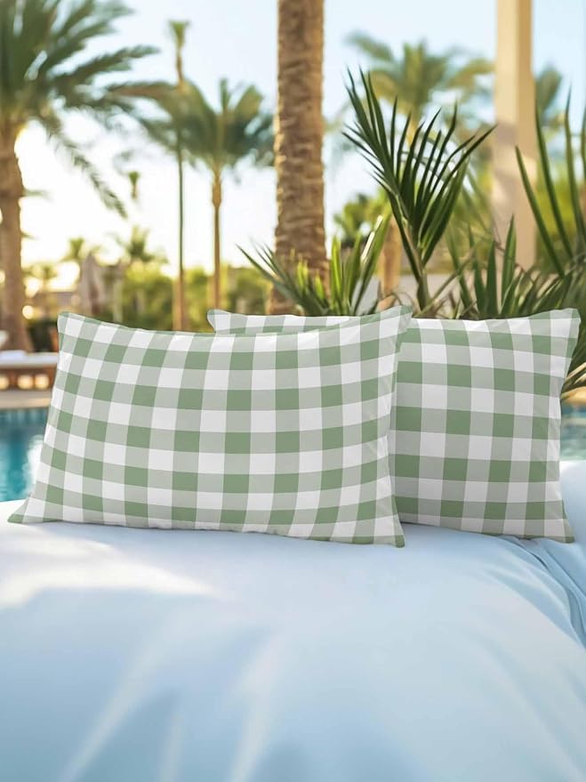 Waterproof Outdoor Pillow Set of 2 Green Buffalo Plaid Decorative Throw Pillows Cover & Insert 20x12 Inch Lumbar Pillowcase Check Lines Pillows for Couch Sofa Bed Patio Furniture Indoor Outdoor