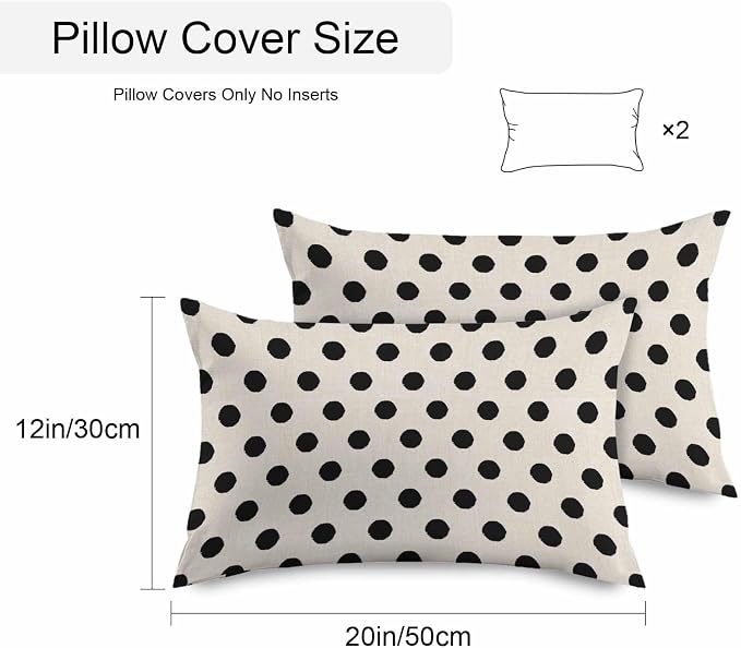 Outdoor Waterproof Throw Pillow Covers Set of 2 Black White Polka Dots Lumbar Pillowcases 20x12 Inches Cute Solid Color Linen Decorative Pillows Cushion Case Patio Pillows for Couch Bed Chair Garden