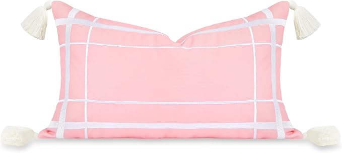 Hofdeco Premium Coastal Patio Indoor Outdoor Lumbar Pillow Cover Only, 12"x20" Water Repellent for Backyard, Couch, Blush Pink Embroidered Line Frame