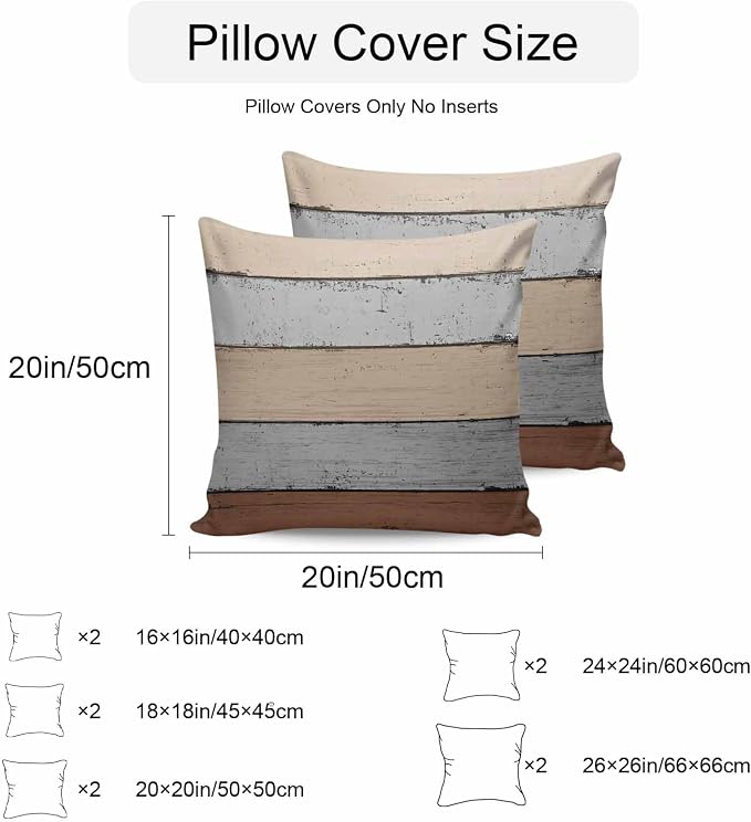 Outdoor Throw Pillow Covers 20X20 Set of 2 Waterproof Ombre Ground Color Brown Grey Decorative Zippered Cushion Covers for Patio Furniture,Lumbar Pillowcases Farmhouse Retro Rustic Barn Wood Texture