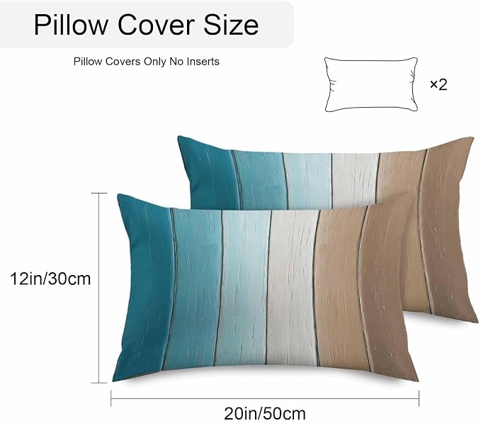 Lumbar Pillow Covers 20x12 Inch Set of 2, Teal Brown Ombre Waterproof Outdoor Cushion Covers, Vintage Country Wooden Decorative Pillowcases for Couch, Sofa, Bed, Garden, Patio