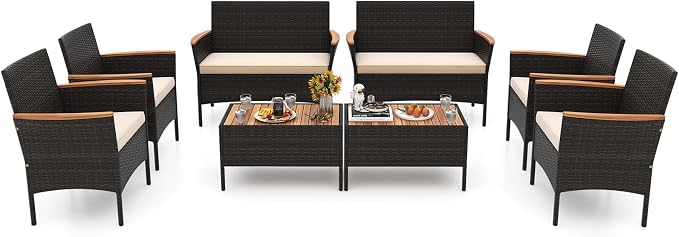 HAPPYGRILL 8 Pieces Outdoor Patio Rattan Furniture Set, Rattan Conversation Set with Chairs & Loveseat, Acacia Wood Tabletop & Armrest, Outdoor Cushion Sofa Set for Backyard Patio Poolside