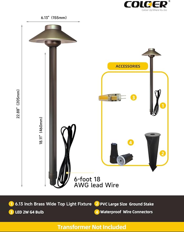 COLOER Brass Low Voltage Pathway Lights Wired 4-Pack with 3W LED G4 Bulb,12V Waterproof China Hat Outdoor Path Lighting for Yard, Patio, Landscape, Planter, Walkway(602B)
