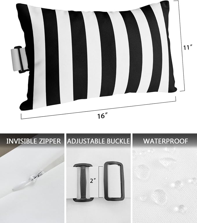 Chaise Lounge Head Resting Pillows, Simple Black and White Stripes Outdoor Waterproof Furniture with Insert and Adjustable Elastic Stripe Chaise Pillows for Recliner Beach Chair 11x16IN,1 Pcs