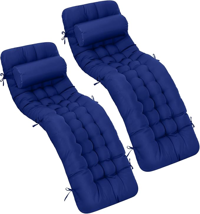 Tudomro Outdoor Chaise Lounge Cushion 66x21x4'' Waterproof & Fade-Resistant Patio Pool Chaise Lounge Cushion Headrest Pillow Tie Replacement Rocking High Back Chair(Navy Blue,Set of 2)