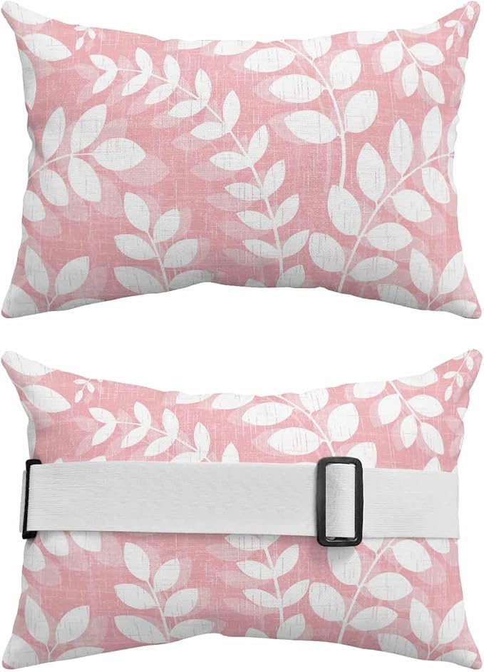 Chaise Lounge Headrest Pillow 2 Pack, Pink Leaves Waterproof Chair Pillows with Insert & Adjustable Elastic Strap for Beach Recliner, Farmhouse Botanical Leaf Branch Vintage Modern Outdoor Pillow