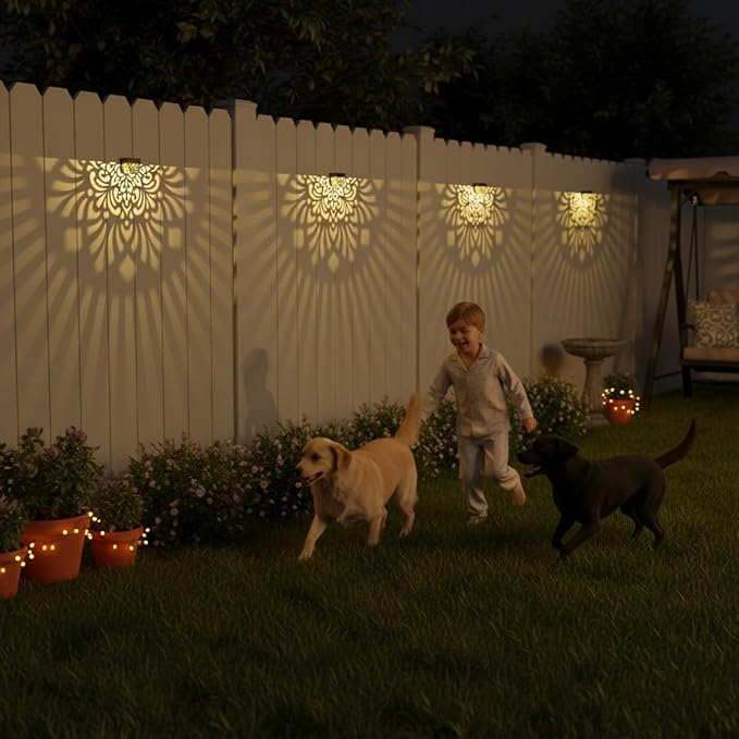 4 Pack Solar Fence Lights Outdoor Wall Lights Plastic Solar Powered Deck Step Stair Lights Mandala Theme Waterproof Fence Solar Light for Garden Post Patio Yard Decor, Gardening Gifts for Women Mom