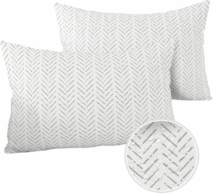 Sage Green Striped Outdoor Pillow Covers Waterproof,All Weather Cushion Case Set of 2 Lumbar Pillowcase for Sofa Couch Bed Decor Patio Furniture 20"x12" White Geometric Minimalist Boho Striped