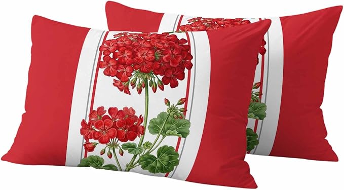Outdoor Waterproof Pillow Covers Spring Summer Flowers Geranium Decorative Throw Pillow Protectors,Red Geometric Striped Pillowcase Cushion Cases for Patio Sofa Garden Couch,20x12in,Pack of 2