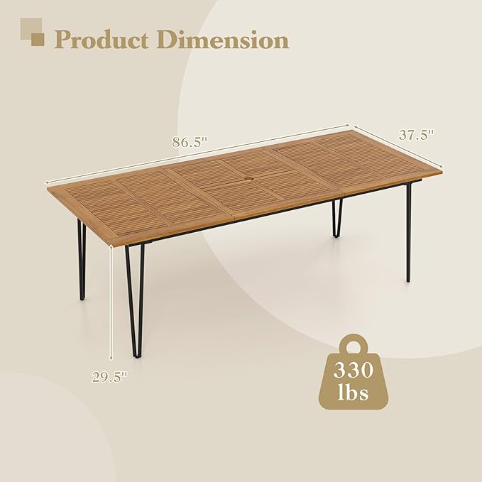 Tangkula 86.5" Large Patio Dining Table for 8, Acacia Wood 8-Person Dining Table with 2" Umbrella Hole & Metal Legs & Adjustable Foot Pads, Rectangular Outside Table for Garden, Poolside & Backyard