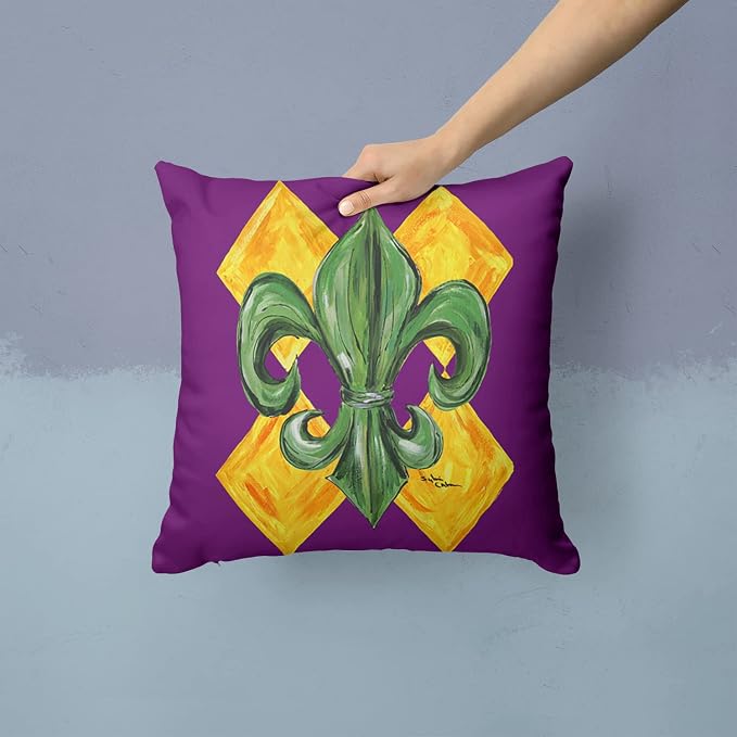 Caroline's Treasures 8133PW1414 Mardi Gras Fleur de lis Purple Green and Gold Fabric Decorative Pillow Machine Washable, Indoor Outdoor Decorative Pillow for Couch, Bed or Patio, 14Hx14W