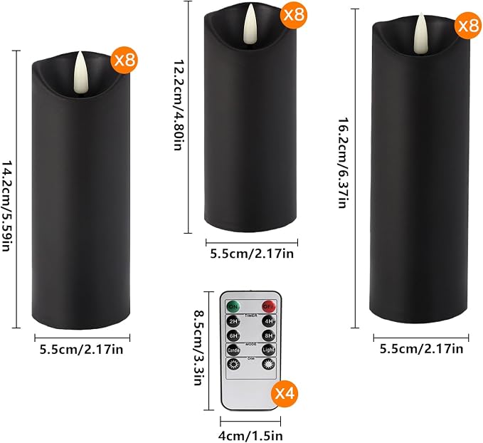 YOROXRG 24 Pack Halloween Decoration Flickering Flameless Candles, Battery Operated LED Pillar Candles with Remote Control and Timer.for Home Decor (D2.2 xH 5" 6" 7" Black)