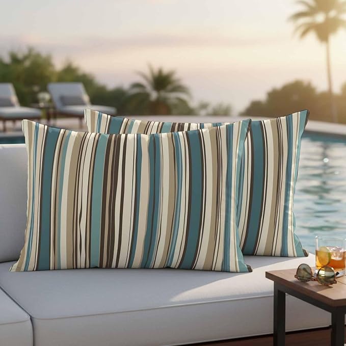 Boho Vertical Stripes Outdoor Waterproof Throw Pillow Covers Set of 2, 20"x12", Green Beige Simple Lines Decorative Pillow Covers Outside Cushion Case for Patio Porch Garden