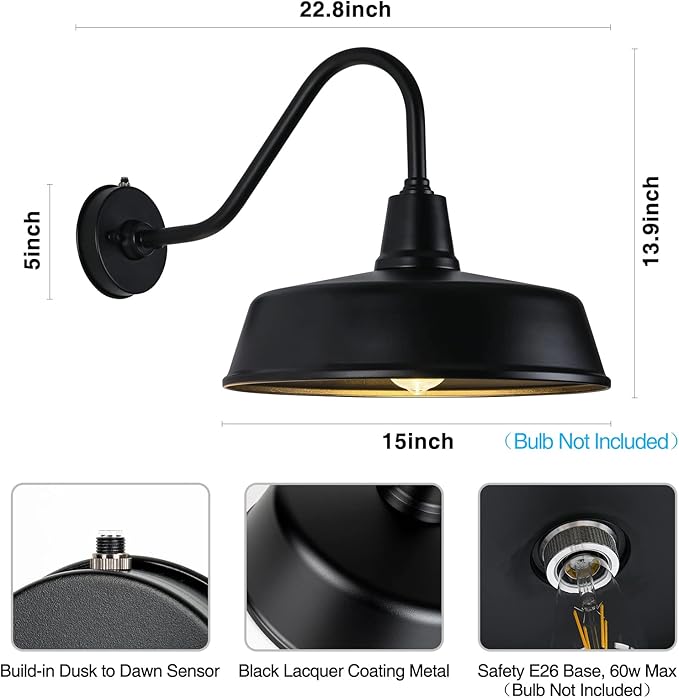 Gooseneck Barn Light, 15inch Dusk to Dawn Black Outdoor Wall Sconce | Weatherproof Steel Exterior Large Lighting Fixture, E26 Base, Easy DIY Install for Porch, Garage, Barn, Farmhouse(1 PC)