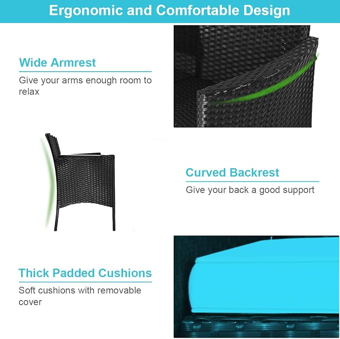 HAPPYGRILL Outdoor Rattan Loveseat Set Patio Wicker Conversation Set with Removable Cushions, Wicker Sofa Furniture Set with Coffee Table for Garden Lawn Backyard