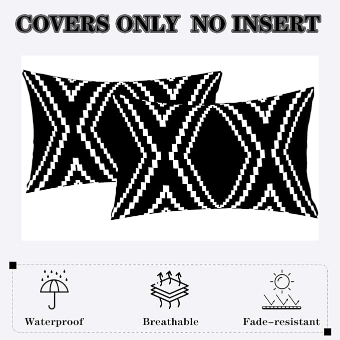 Outdoor Pillow Waterproof Set of 2, Black and White Throw Pillows for Patio Furniture, Outdoor Pillow Covers for Couch, White More (Black&white-01, 12x20 Inch)