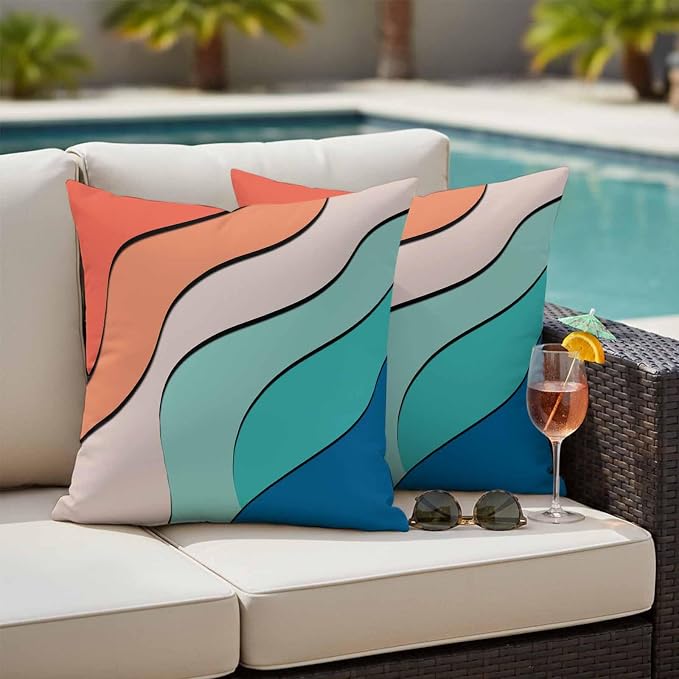 Orange Teal Ombre Outdoor Pillow Covers 24x24 Inch Throw Pillow Covers Set of 2 Waterproof Decorative Pillow Cases Modern Moire Abstract Art Cushion Covers for Patio Furniture Garden Couch Sofa