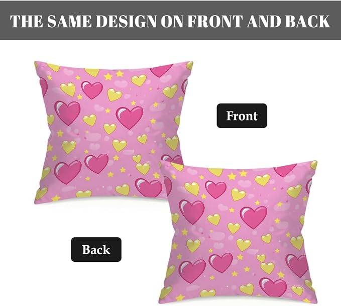 16x16 Inch Outdoor Pillow Covers Set of 2 Waterproof Throw Pillow Covers Decorative Couch Cushion Covers Pink Hearts Yellow Star Square Pillowcases Protectors for Patio Garden Sofa