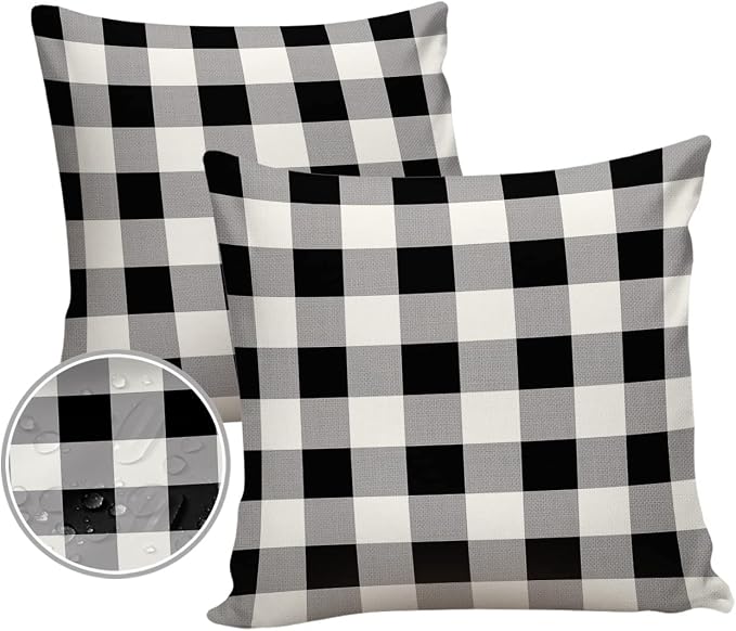 Outdoor Waterproof Pillow Covers for Patio Furniture Buffalo Check Decorative Throw Pillow Cover Black White Plaid Rustic Pillowcases Set of 2 Cushion Case for Sofa Couch Chair Home Decor 24 x 24 Inch