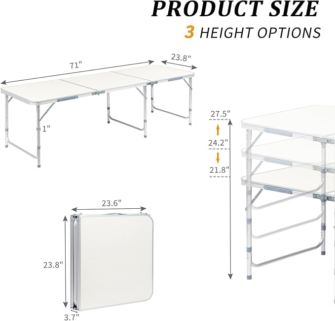 Outvita 6ft Portable Folding Camping Table, Outdoor Waterproof Adjustable Height Table, Aluminum Lightweight Suitcase Foldable Table for Picnic BBQ Beach Dining