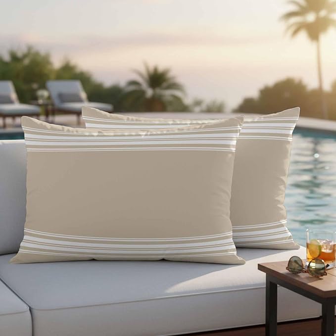 Outdoor Pillow Covers 12x20 Set of 2 Khaki Stripes Outdoor Pillows Waterproof Throw Pillow Covers French Stripe Farmhouse Style Pillowcases Decorative Case for Patio Cushion